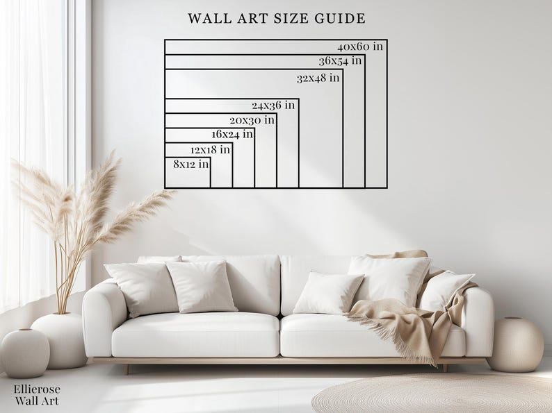 The image is a wall art guide for wall art sizes, providing dimensions for various artworks.