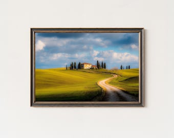 Fotografía de la campiña toscana / Arte mural de casas de campo en las colinas de Italia