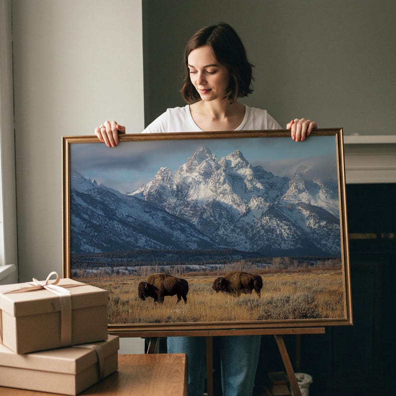Grand Teton Bison Wyoming Snowy Mountain Landscape Wall Art Print - Etsy