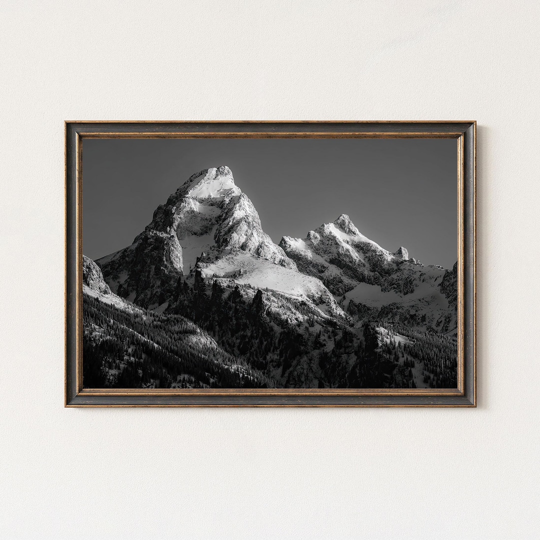 Grand Teton Black and White Snowy Mountain Landscape Wall Art Print - Etsy