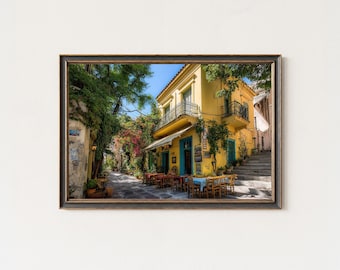 Fotografía callejera de un café mediterráneo, fotografía de viajes por Europa bajo el sol