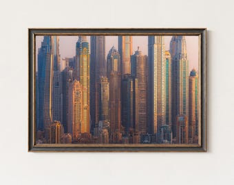 Dubai Marina Skyscrapers Wall Art – Modern Cityscape Print – Golden Hour Urban Architecture Decor