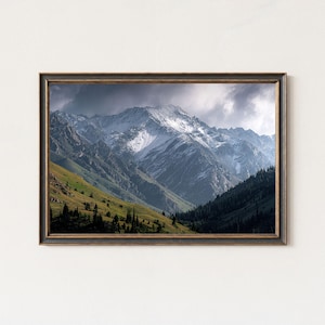 May include: A framed landscape print featuring a mountain range with snow-capped peaks under a cloudy sky. The foreground shows green and yellow grassy slopes and dark green trees. The frame is dark with gold accents.