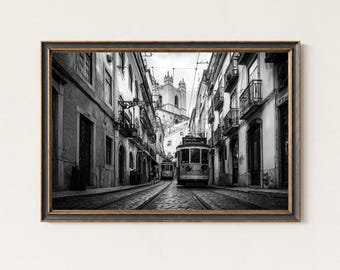 Lisbon Tram Photography Black and White Alfama Street Print