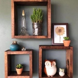 Wooden Box Shelf Set of 3 | Rustic Wall Shelves | Square Wooden Storage Decor | Handmade Wall Display