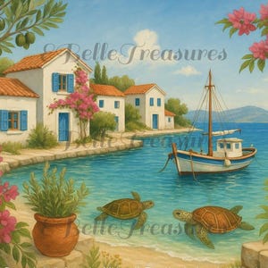 Escena costera de Paxos, Grecia, para imprimir: Arte de una isla mediterránea con tortugas marinas, un barco pesquero y buganvillas. Rompecabezas de impresión de una isla griega.