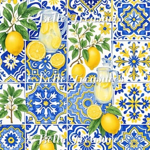 Puede incluir: Un vibrante patrón de acuarela con limones, limonada y elementos florales. El diseño incorpora azulejos azules y amarillos con una estética mediterránea. La imagen incluye limones, limones cortados y jarras de limonada.