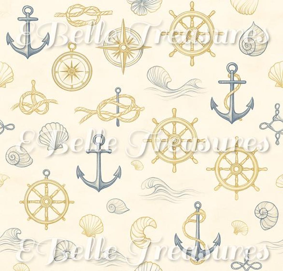 Elegant Nautical Seamless Pattern – Anchors, Shells, Ship Wheels and ...