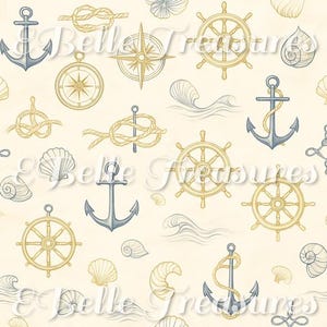 May include: A nautical-themed pattern featuring anchors, ship wheels, compasses, seashells, and rope knots in shades of blue, gold, and cream. The design is repeated across a cream-colored background, creating a seamless pattern.
