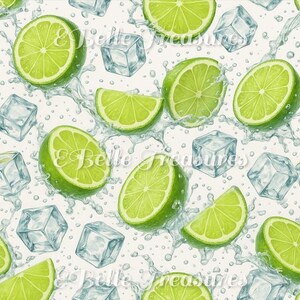 Peut inclure: Un motif répétitif de citrons verts vifs, coupés en moitiés et en quartiers, entrecoupés de glaçons transparents et d'éclaboussures d'eau. Le design est posé sur un fond clair, créant une esthétique fraîche et estivale. L'image contient le texte "Belle Treasures".