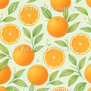 May include: A seamless pattern featuring whole and sliced oranges, green leaves, and small white flowers on a light green background. The oranges are a vibrant orange color, and the leaves are a deep green. The text "Belle Treasures" is visible in the image.