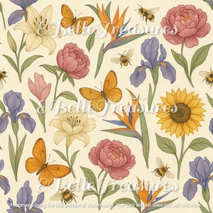 May include: A seamless pattern featuring a variety of flowers and butterflies. The flowers include lilies, irises, peonies, and sunflowers. The butterflies are orange and yellow with black markings. The background is a light cream color.