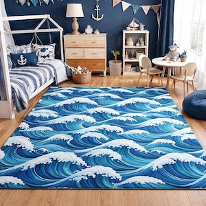 May include: A large rectangular rug with a wave pattern in shades of blue and white dominates the room. The rug's design features stylized ocean waves, creating a nautical theme. The room also includes a bed, furniture, and decorative items.