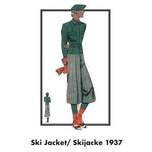 May include: Illustration of a vintage ski outfit from 1937. The ensemble includes a green jacket, matching cap, and patterned trousers. The outfit is accessorized with red gloves and socks, and brown shoes. The text at the bottom reads "Ski Jacket/ Skijacke 1937."