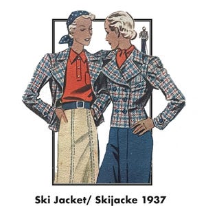 Könnte beinhalten: Vintage Illustration von zwei Frauen in Skijacken aus dem Jahr 1937. Die Jacken sind mit blauen, roten und weißen Mustern versehen. Sie werden mit einem roten Poloshirt, einem beigen Rock und blauen Hosen kombiniert. Das Bild ist mit einem schwarzen Rahmen versehen.