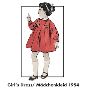 Può includere: Illustrazione di una bambina con un vestito rosso con colletto bianco e scarpe nere. L'immagine è incorniciata in un bordo nero e include il testo "Girl's Dress/ Mädchenkleid 1954" in basso.