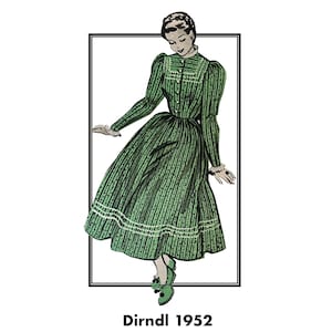 May include: Illustration of a green Dirndl dress from 1952. The dress features vertical stripes, a button-up bodice, and a full skirt. White lace trim accents the cuffs and hem. The illustration is framed in a black rectangle.