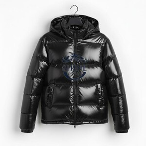 Shiny Puffer Jacket Men • Waterproof Hooded Winter Coat • Glossy Black Bubble Jacket