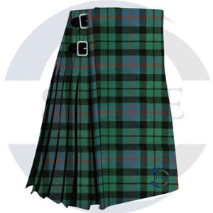 May include: A green, blue, and black plaid kilt with pleats. The kilt has two black leather straps with silver buckles. The fabric has a pattern of green, blue, and black squares with red lines. The kilt is a traditional Scottish garment.