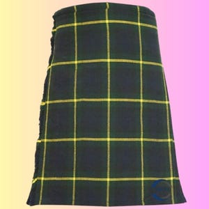 May include: A traditional kilt in a dark green and yellow plaid pattern. The kilt features a fringed edge and a classic design, suitable for Scottish or Celtic themed events. The fabric has a woven texture, and the plaid is symmetrical.