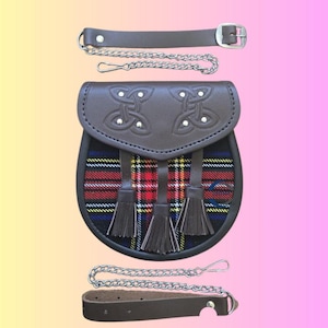 Tartan Kilt Sporran with Leather Flap & Chain Belt | Scottish Outfit Accessory for Men