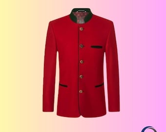Red Nehru Jacket: Mandarin Collar Blazer, Black Trim - Formal Wear