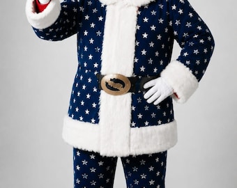 May include: A Santa Claus costume featuring a dark blue jacket and matching trousers adorned with a white star pattern. The outfit includes a white faux fur trim on the jacket, cuffs, and hat, a black belt with a gold buckle, and white gloves.