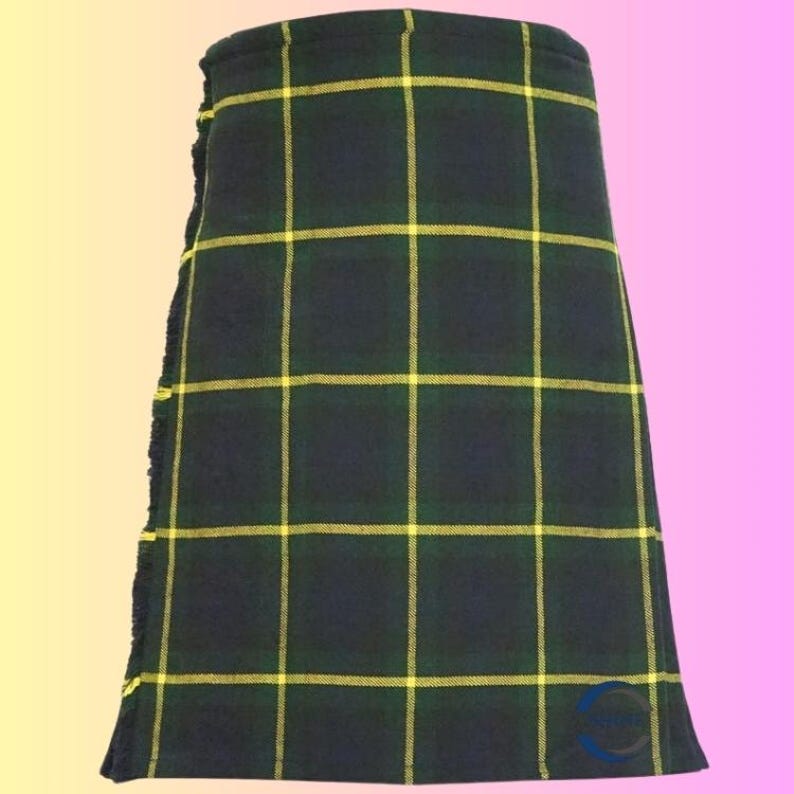 May include: A traditional kilt in a dark green and yellow plaid pattern. The kilt features a fringed edge and a classic design, suitable for Scottish or Celtic themed events. The fabric has a woven texture, and the plaid is symmetrical.