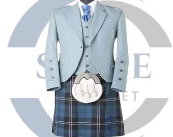 May include: A light blue Scottish kilt outfit displayed on a mannequin. The outfit includes a jacket, vest, tie, and a blue and black plaid kilt. A white sporran hangs from the kilt.