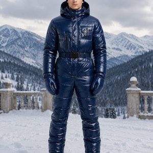 May include: A glossy navy blue one-piece ski suit with a hood, a black belt at the waist, and matching navy blue mittens. The chest features a black circular logo with the text SHINE. The suit has a quilted texture and is worn with a black beanie.
