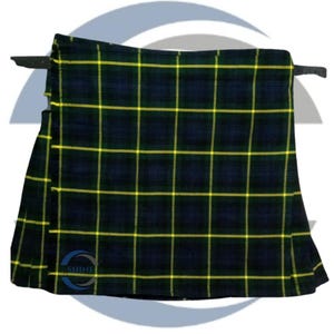 May include: A navy blue and yellow plaid kilt. The kilt is displayed on a black bar. The kilt has a grid pattern of yellow lines over a navy blue background. The kilt is made of a woven fabric.