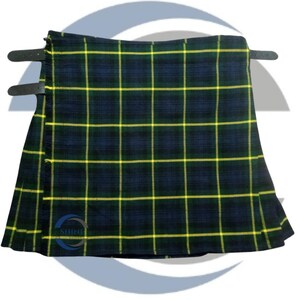 May include: A traditional kilt in a navy blue, green, and yellow plaid pattern. The kilt features two black leather straps for fastening. The fabric is folded and pleated, showcasing the classic Scottish design. The kilt is a symbol of Scottish heritage and culture.