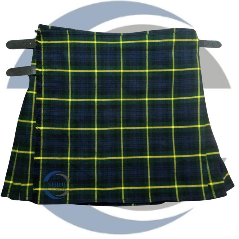 May include: A traditional kilt in a navy blue, green, and yellow plaid pattern. The kilt features two black leather straps for fastening. The fabric is folded and pleated, showcasing the classic Scottish design. The kilt is a symbol of Scottish heritage and culture.
