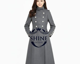 Women’s Long Wool Blend Winter Coat | Double Breasted Military Style Overcoat |