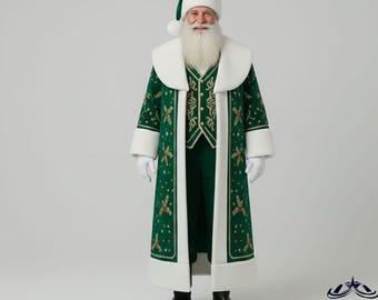 May include: A full-length image of a person dressed as Santa Claus. The costume is a deep green with white trim and gold accents. The coat features a holly leaf pattern. The hat and beard are white. The person is wearing black boots and white gloves.