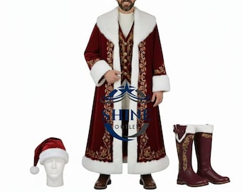 May include: A Santa Claus costume set. It includes a long burgundy coat with gold embroidery and white faux fur trim, a matching hat, vest, and burgundy boots. Ideal for festive holiday events.