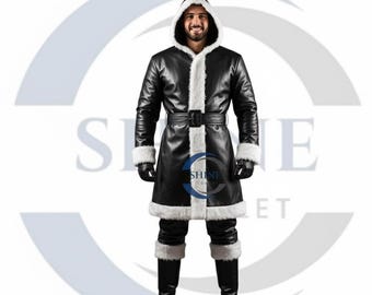 May include: Black Santa Claus costume with a hooded coat, belt, and pants. The coat and pants are black with white faux fur trim. The costume includes black gloves and boots. The text "SHINE ONLINE" is visible on the coat.