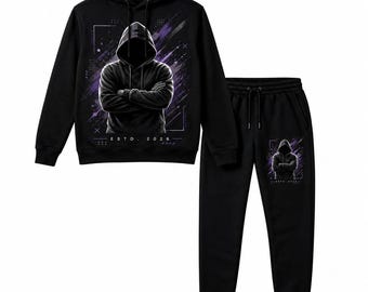 May include: A black hooded sweatshirt and matching sweatpants set. The hoodie features a graphic of a hooded figure with arms crossed, set against purple abstract shapes and the text ESTD. 2026. The sweatpants include a smaller version of the same graphic.