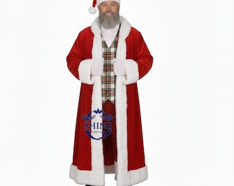 May include: A red Santa Claus outfit with white faux fur trim. The costume includes a long coat, hat, and gloves. The coat has a velvet texture and is open to reveal a plaid waistcoat. The logo "SHINE CUSTOM" is visible.