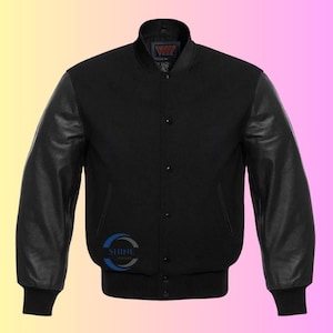 Black Varsity Jacket Men | Wool Body & Leather Sleeves | Classic Letterman Bomber | Custom Size Available