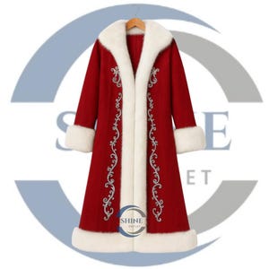 May include: A long, red coat with white faux fur trim on the collar, cuffs, and front edges. The coat features intricate silver embroidery down the front and around the cuffs. The coat is hanging on a wooden hanger.