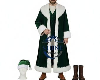May include: A green velvet costume with white faux fur trim, including a matching hat, vest, and boots. The costume has the text "SHINE OUTLET" on the front. The outfit is designed for a festive occasion.