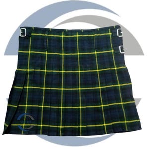 May include: A traditional kilt in a green, navy, and yellow plaid pattern. The kilt features pleats and adjustable straps with silver buckles. The fabric has a woven texture, and the design is symmetrical.