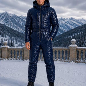 Luxury Python Snake Skin Leather Hooded Jumpsuit for Men & Women | Navy Blue One piece.