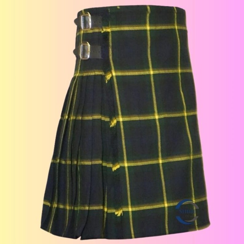 May include: A traditional kilt in a dark green and yellow plaid pattern. The kilt features pleats on the left side and is secured with two leather straps and buckles. The fabric has a woven texture.