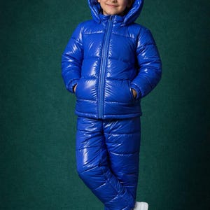 Dziecięcy zimowy kombinezon puchowy z kapturem | Komplet kombinezonu śnieżnego dla chłopców i dziewcząt | Wodoodporna ciepła kurtka i spodnie
