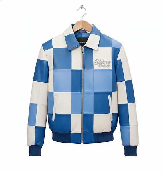 Blue Checkered Patchwork Leather Jacket | Handmade Printed Leather 