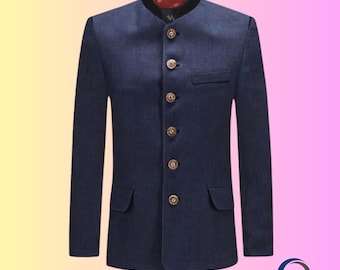 Navy Blue Nehru Jacket: Formal Mandarin Collar Blazer with Gold Buttons