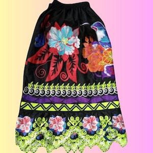 Black Mexican Skirt with Bright Embroidery – Floral & Hummingbird Design – Folk Dance Costume – Artisan Skirt