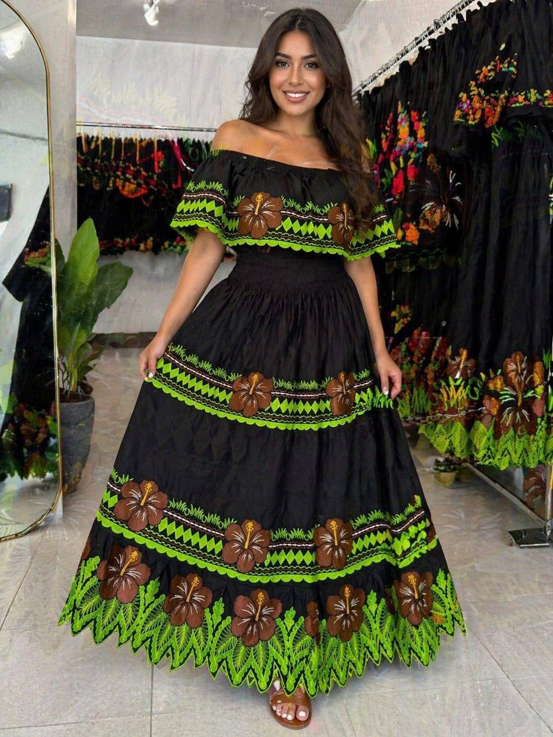 Long Black Mexican Dress Floral - Etsy